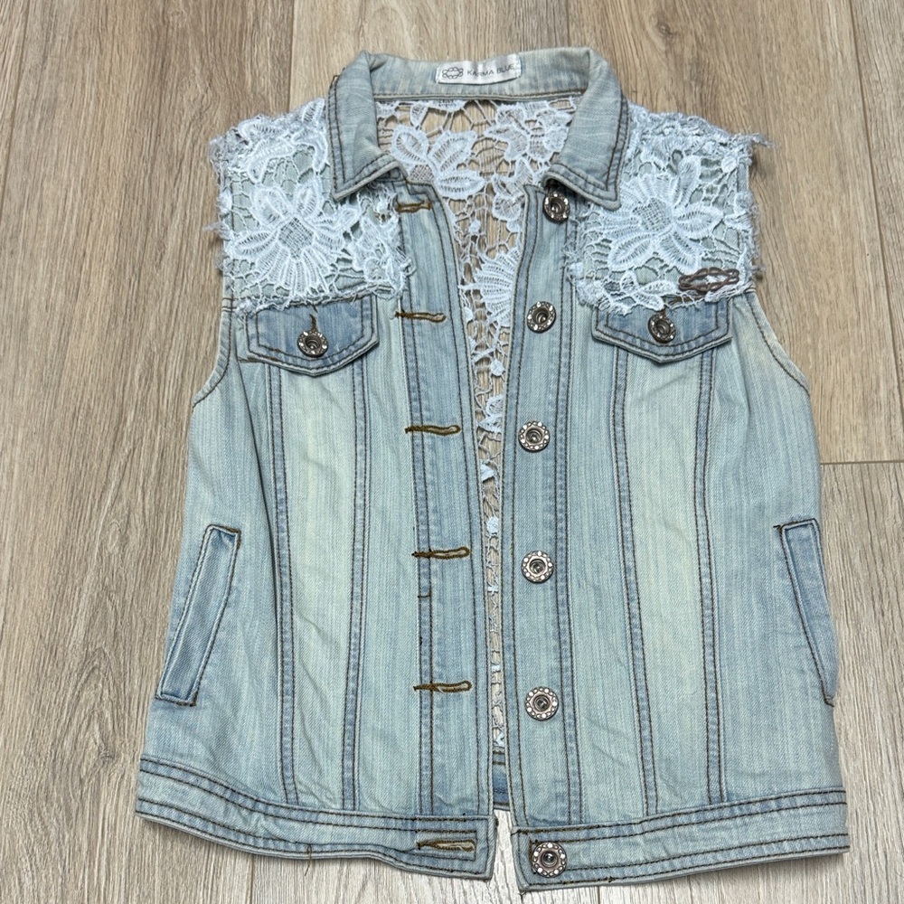 Lace & Rhinestone Jean Vest - Karma Blue - S